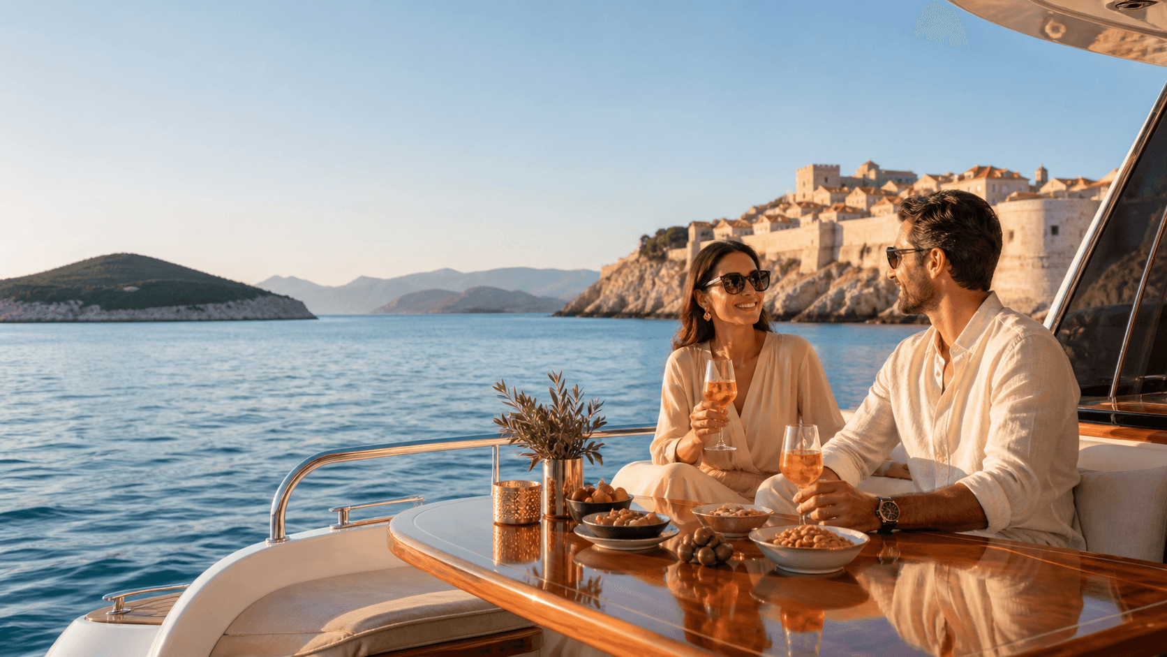 Split view of Dubrovnik’s sunlit stone walls and a sailboat cruising turquoise Adriatic waters in autumn.