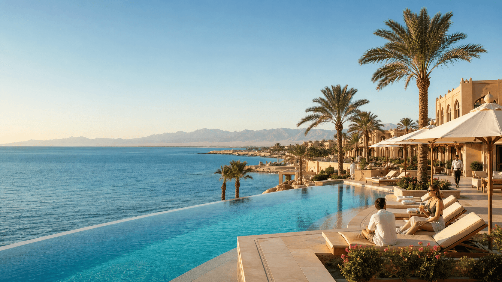 Golden sunset over Hurghada’s turquoise sea, with a luxury resort pool, palms, and loungers in the foreground.