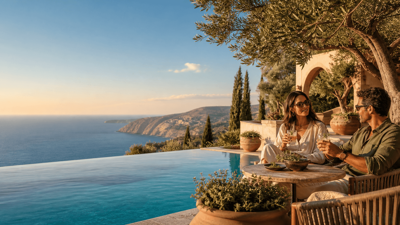 Golden autumn sunlight over a Cyprus coastal resort, with palm trees, stone terraces, and a calm blue sea.